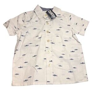 OshKosh B'gosh White Shark Button Down Shirt Size Toddler Boy 2T New